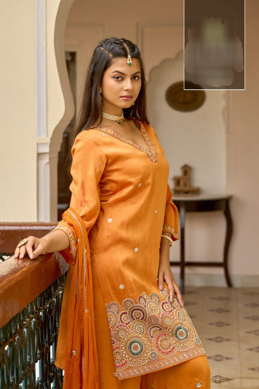 Sabr – Shimmer Fabric Suit Set with Heavy Handwork Hem, Embroidered Palazzo & Dupatta | Luxury Designer Ethnic Wear