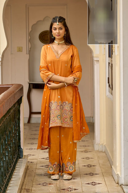 Sabr – Shimmer Fabric Suit Set with Heavy Handwork Hem, Embroidered Palazzo & Dupatta | Luxury Designer Ethnic Wear