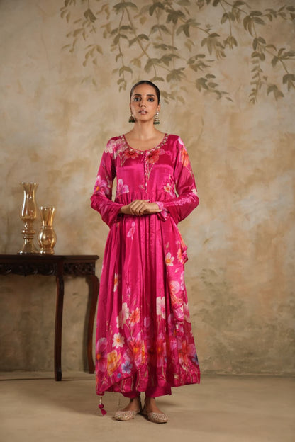 Parwaz – Pink Pure Crepe Floral Anarkali Suit with Dupatta | Navratri, Diwali & Party Wear Designer Outfit