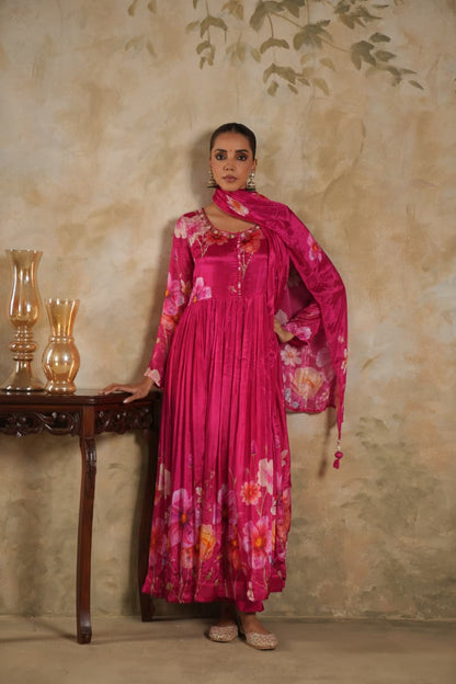 Parwaz – Pink Pure Crepe Floral Anarkali Suit with Dupatta | Navratri, Diwali & Party Wear Designer Outfit