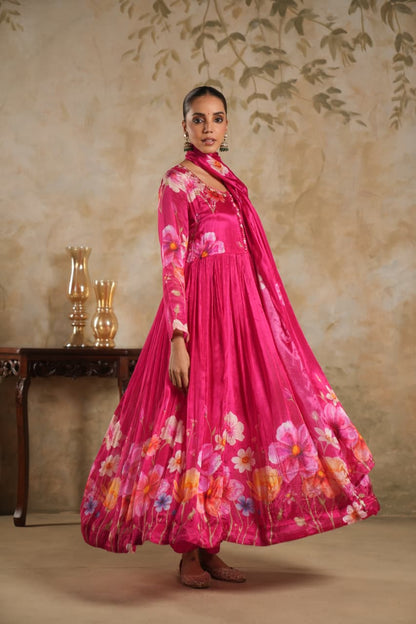 Parwaz – Pink Pure Crepe Floral Anarkali Suit with Dupatta | Navratri, Diwali & Party Wear Designer Outfit