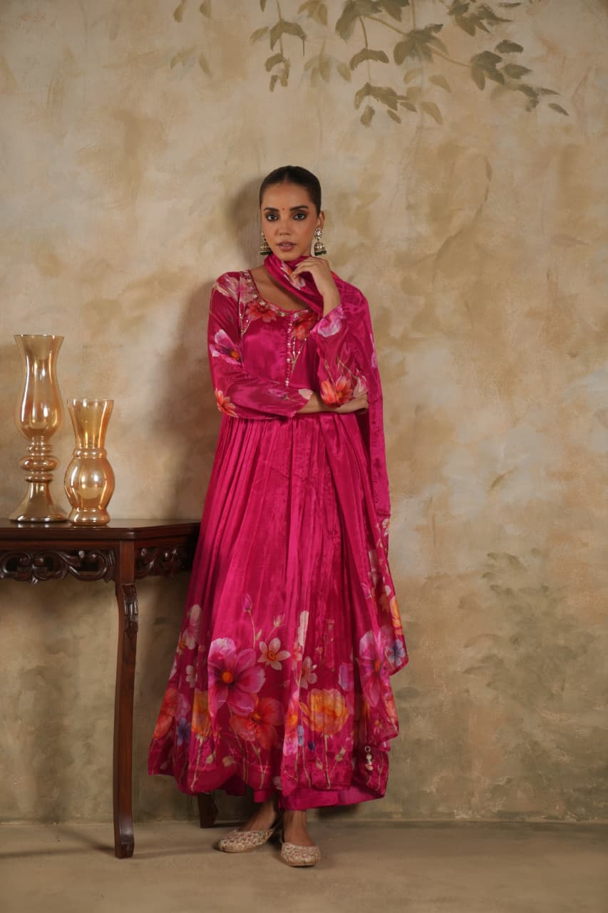 Parwaz – Pink Pure Crepe Floral Anarkali Suit with Dupatta | Navratri, Diwali & Party Wear Designer Outfit