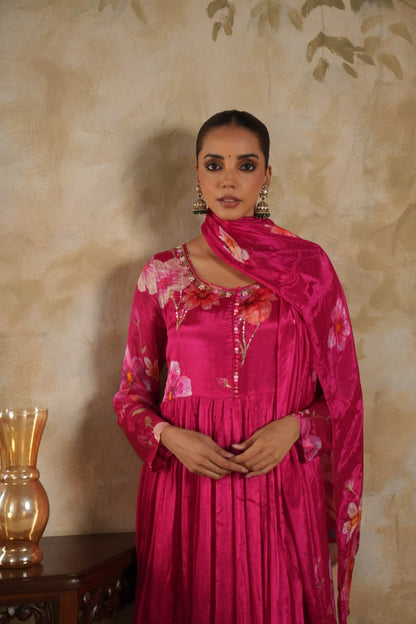 Parwaz – Pink Pure Crepe Floral Anarkali Suit with Dupatta | Navratri, Diwali & Party Wear Designer Outfit