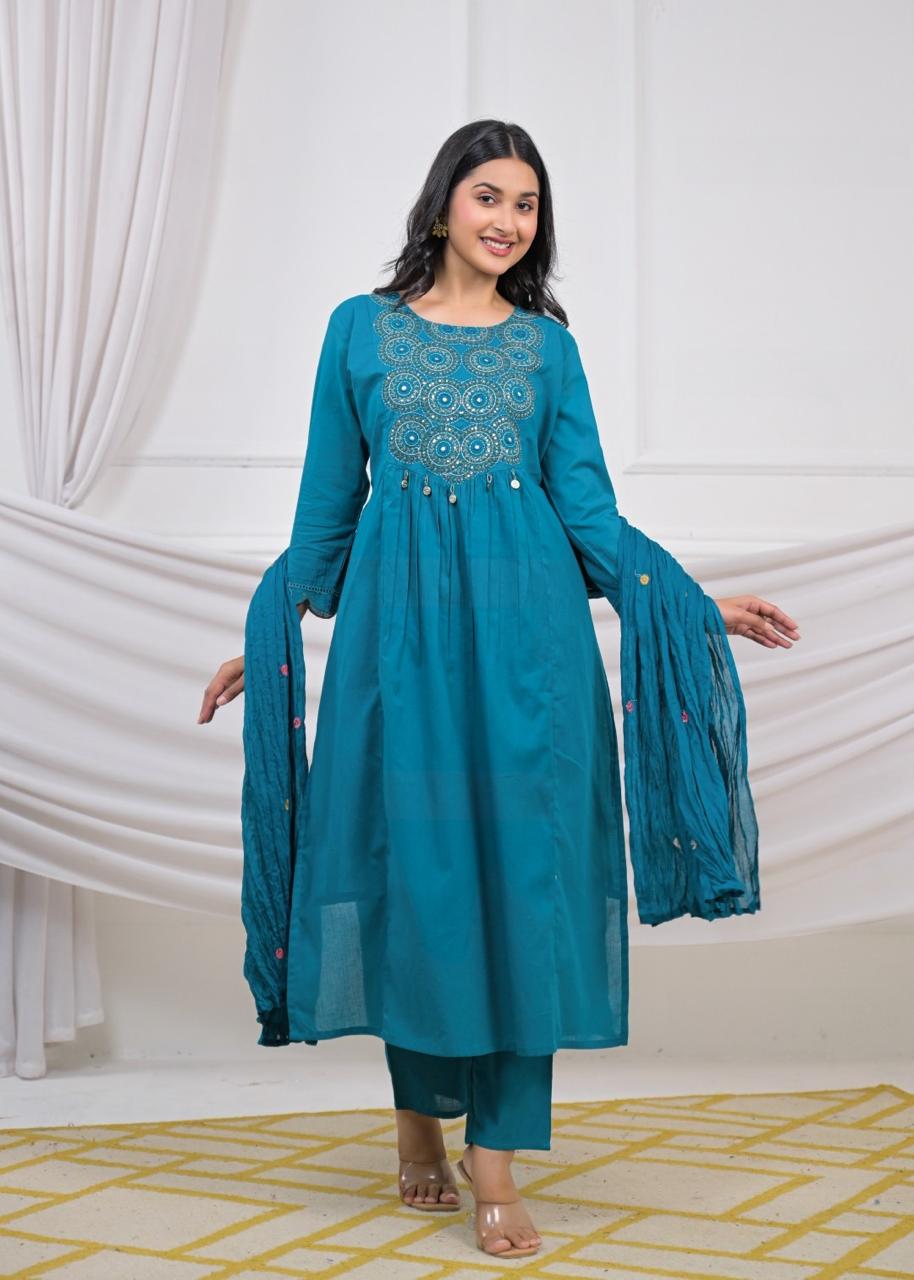 Lafz – Blue Cotton Suit Set with Embroidered Neckline | Daily, Office & Light Festive Wear