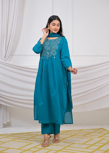 Lafz – Blue Cotton Suit Set with Embroidered Neckline | Daily, Office & Light Festive Wear