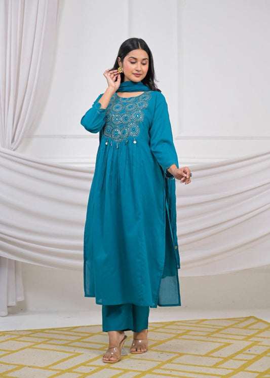 Lafz – Blue Cotton Suit Set with Embroidered Neckline | Daily, Office & Light Festive Wear
