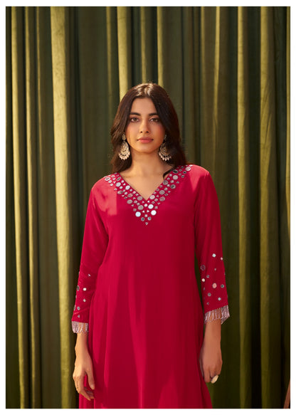 Rooh – Red Crepe Suit with Mirror Work | Designer Festive Outfit