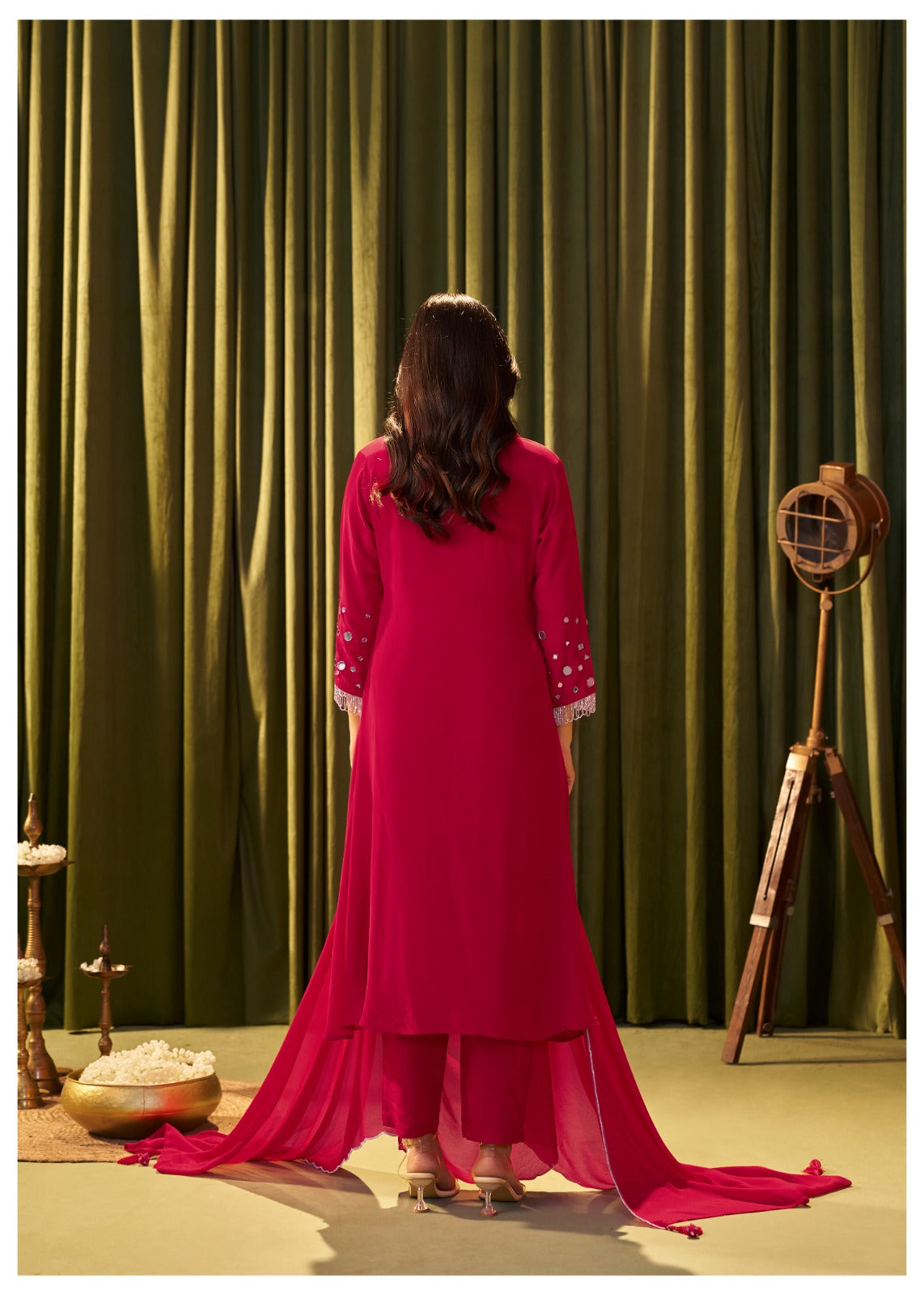 Rooh – Red Crepe Suit with Mirror Work | Designer Festive Outfit