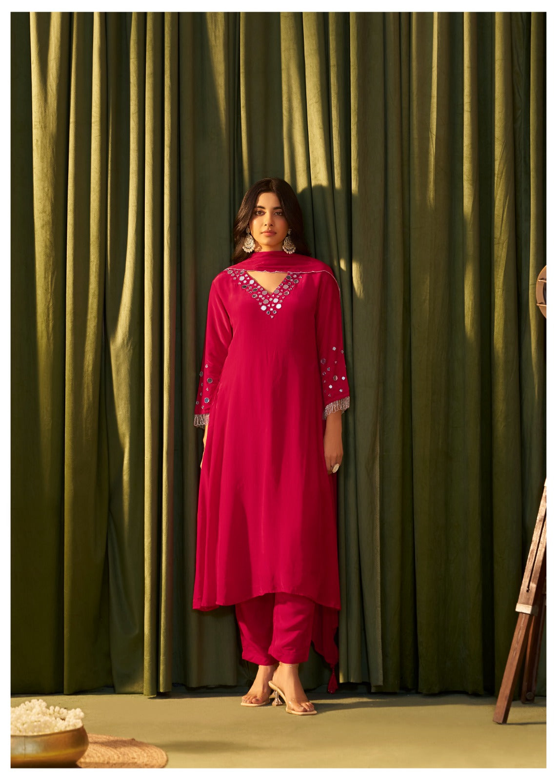 Rooh – Red Crepe Suit with Mirror Work | Designer Festive Outfit