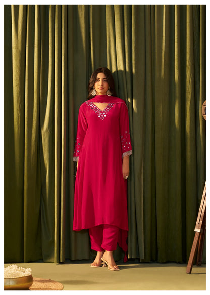 Rooh – Red Crepe Suit with Mirror Work | Designer Festive Outfit
