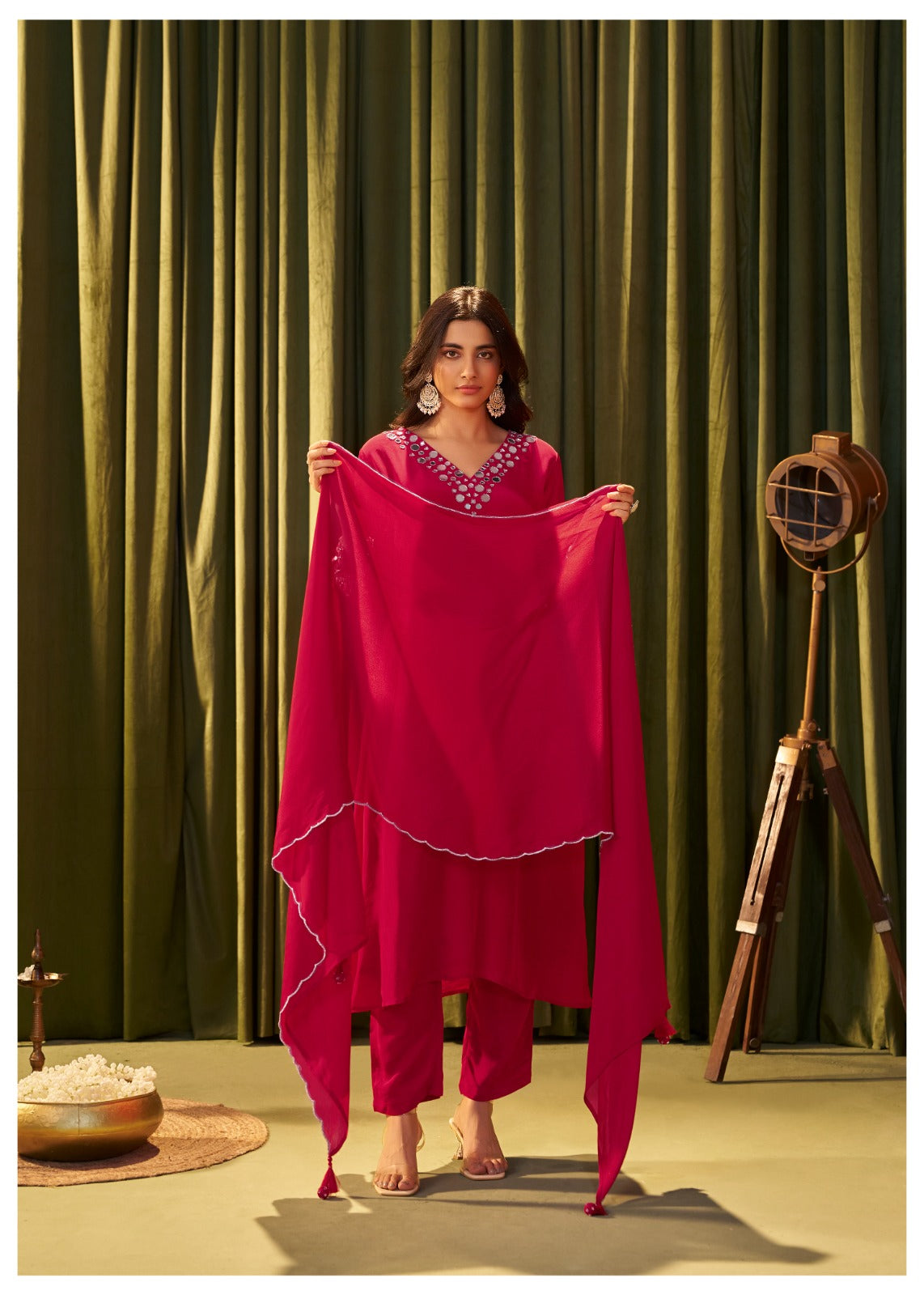 Rooh – Red Crepe Suit with Mirror Work | Designer Festive Outfit