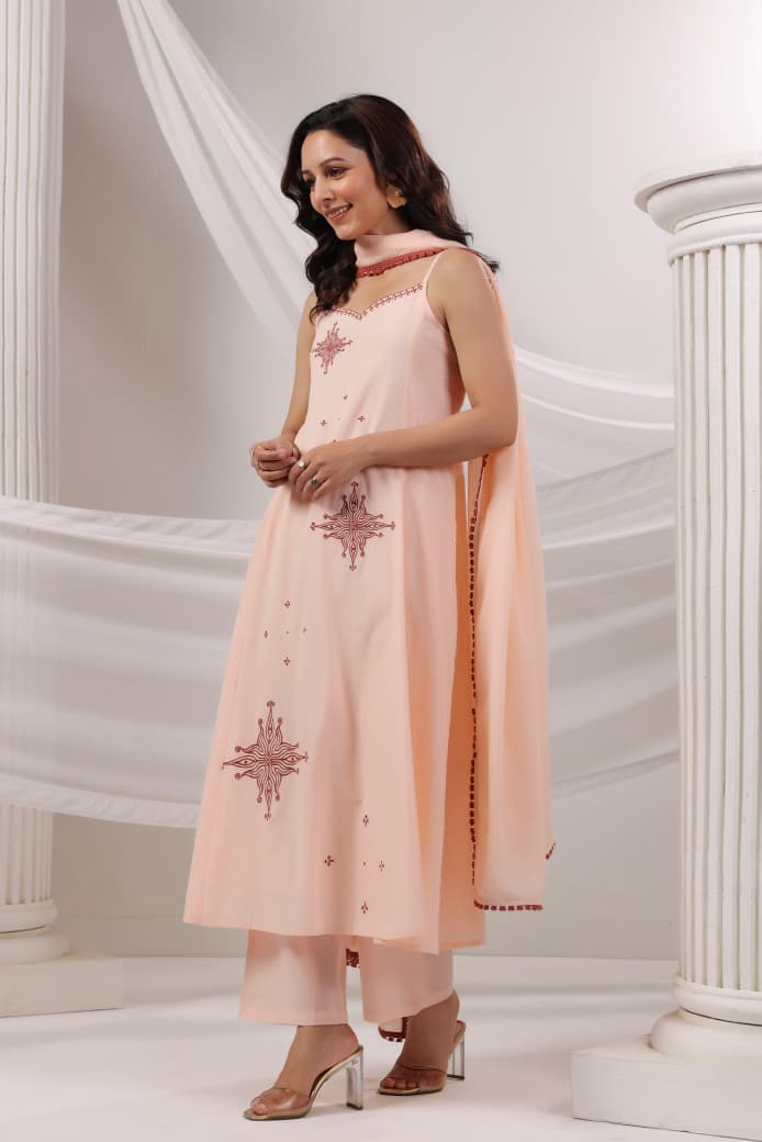 Sahal – Peach Cut-Sleeve A-Line Suit Set with Minimal Embroidery | Elegant Daily & Festive Wear