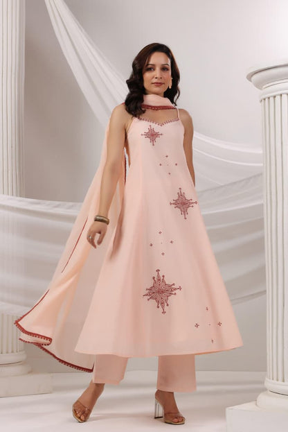 Sahal – Peach Cut-Sleeve A-Line Suit Set with Minimal Embroidery | Elegant Daily & Festive Wear