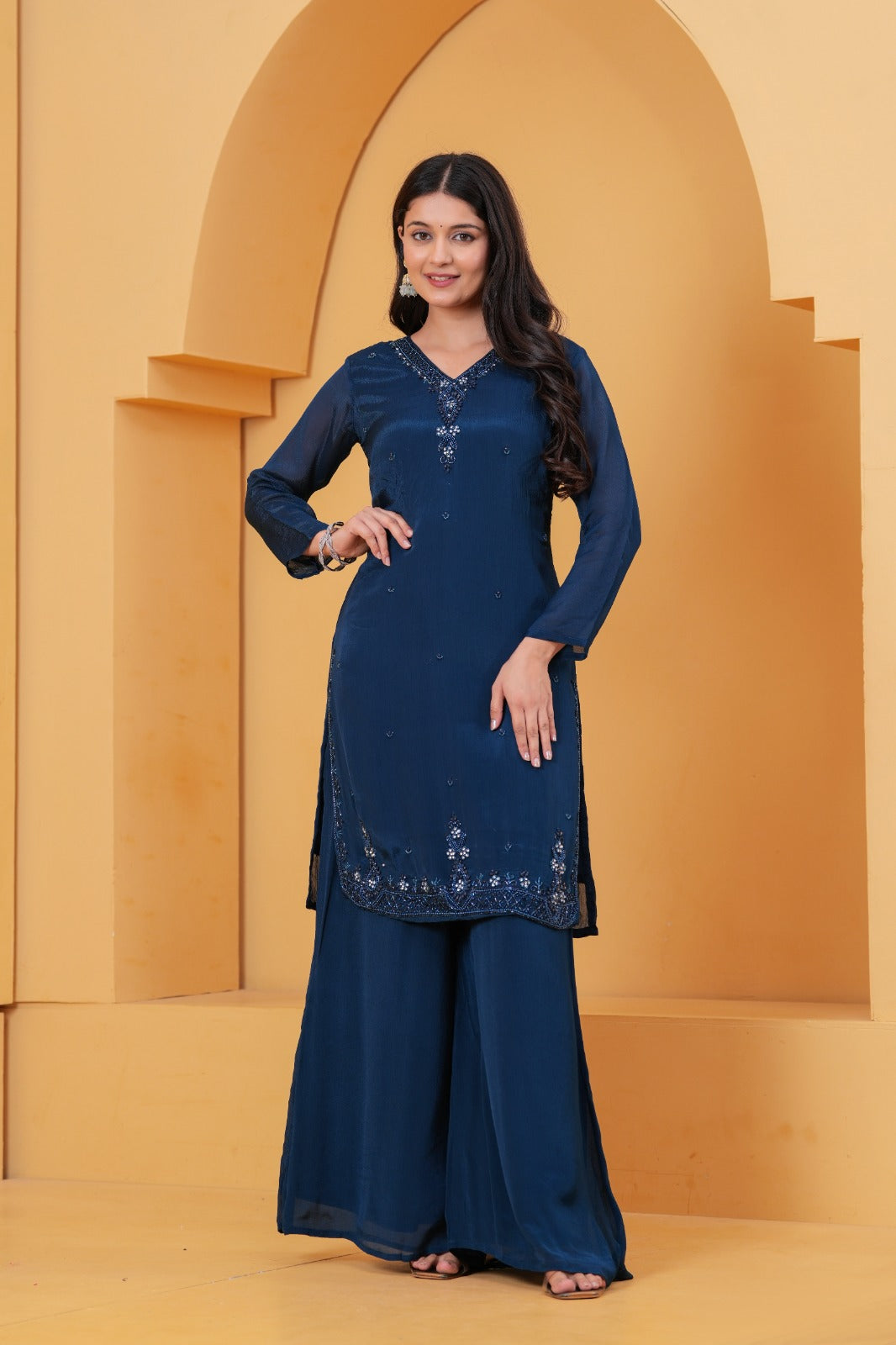 Tarannum – Blue Tissue-Shimmer Kurta Set with Handwork & Dupatta | Designer Suit Set for Women