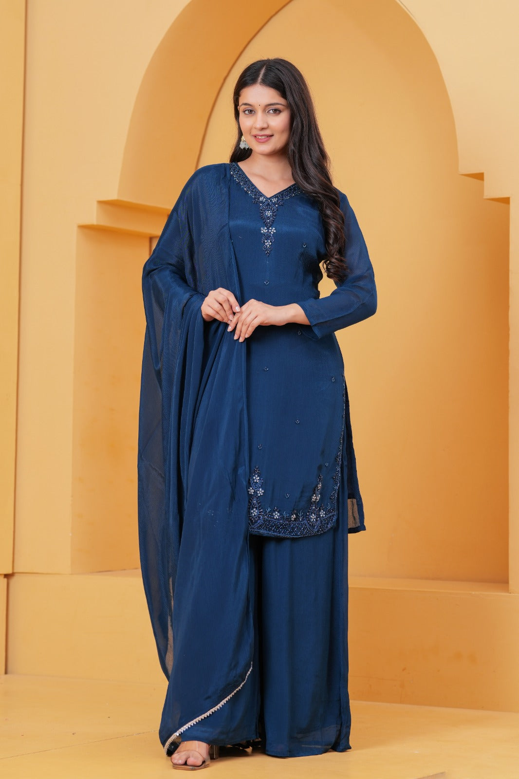 Tarannum – Blue Tissue-Shimmer Kurta Set with Handwork & Dupatta | Designer Suit Set for Women