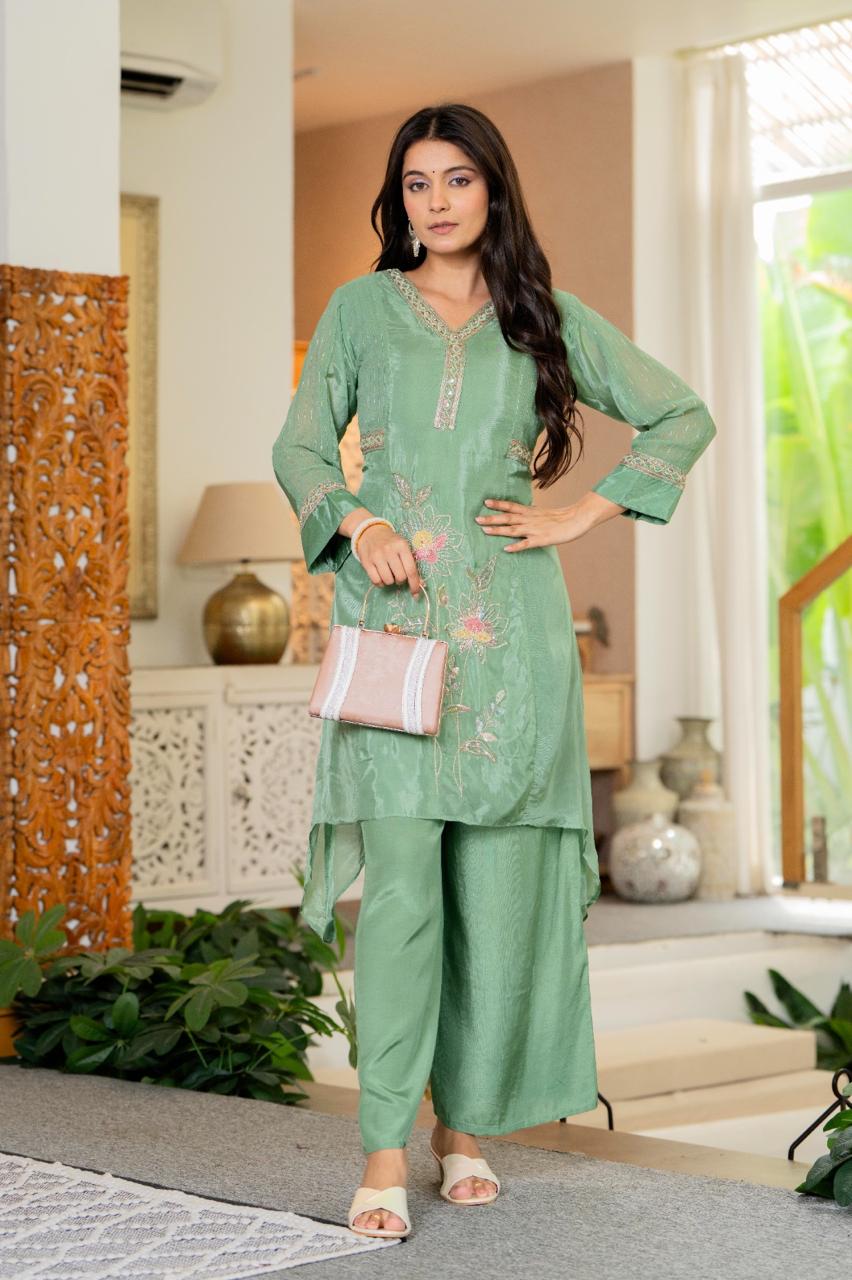 Alfaaz – Green Shimmer Co-ord Set with Embroidered Kurta | Modern Indian Ethnic Wear