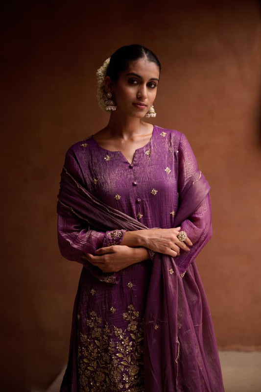 Sohbat – Purple Shimmer Suit with Embroidered Kurta & Palazzo | Evening Elegance by Label Chitraa