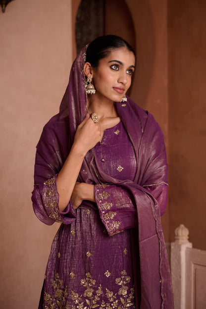 Sohbat – Purple Shimmer Suit with Embroidered Kurta & Palazzo | Evening Elegance by Label Chitraa