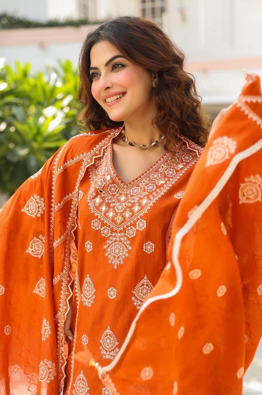 Raabta – Rust Cotton Suit with Threadwork Kurta, Bell Sleeves & Designer Palazzo | Crafted Comfort by Label Chitraa