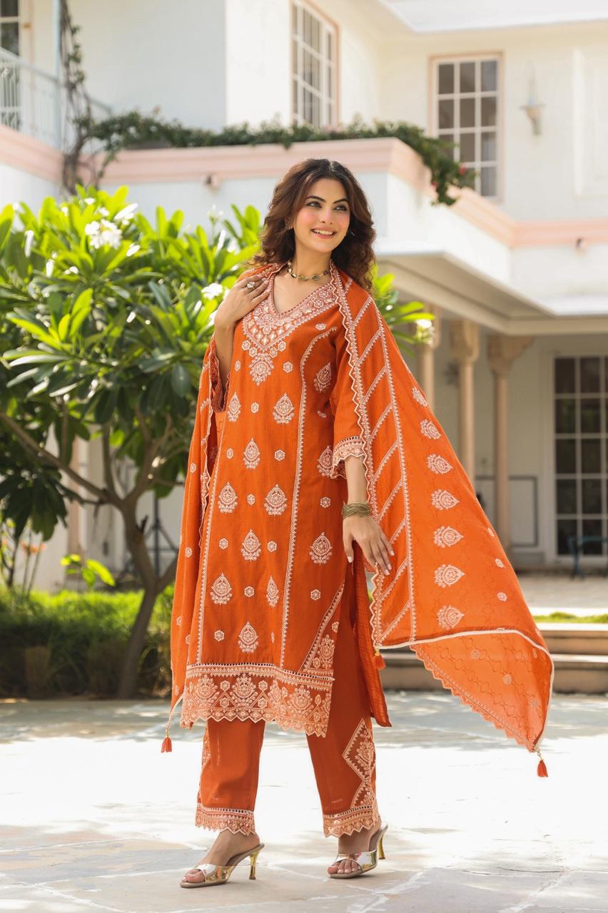 Raabta – Rust Cotton Suit with Threadwork Kurta, Bell Sleeves & Designer Palazzo | Crafted Comfort by Label Chitraa