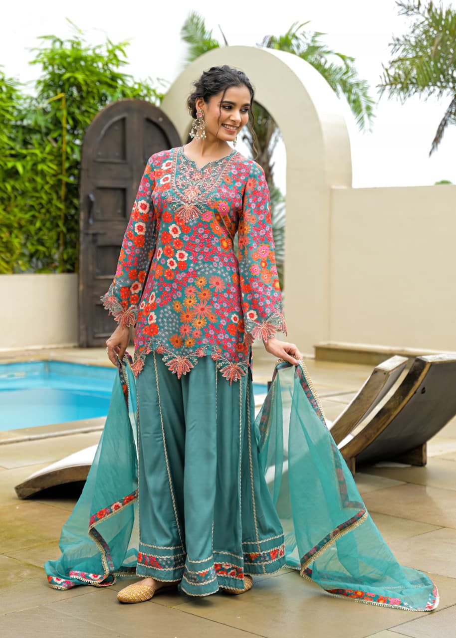 Sargoshii – Green Crepe Sharara Suit | Boutique Designer Outfit