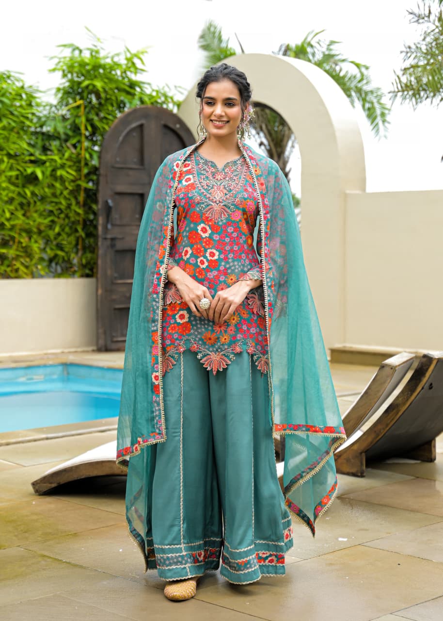 Sargoshii – Green Crepe Sharara Suit | Boutique Designer Outfit