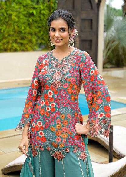 Sargoshii – Green Crepe Sharara Suit | Boutique Designer Outfit