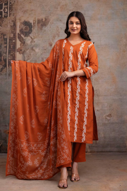 Vus’at – Rust & Brown Cotton Suit Set with Thread Work Kurta | Elegant Festive & Office Wear