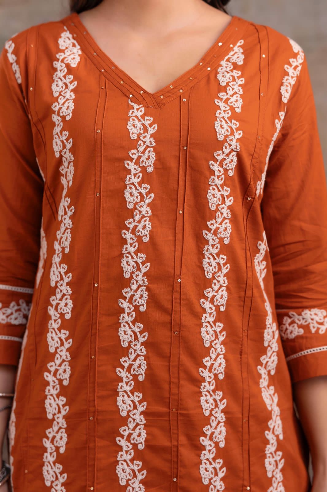 Vus’at – Rust & Brown Cotton Suit Set with Thread Work Kurta | Elegant Festive & Office Wear