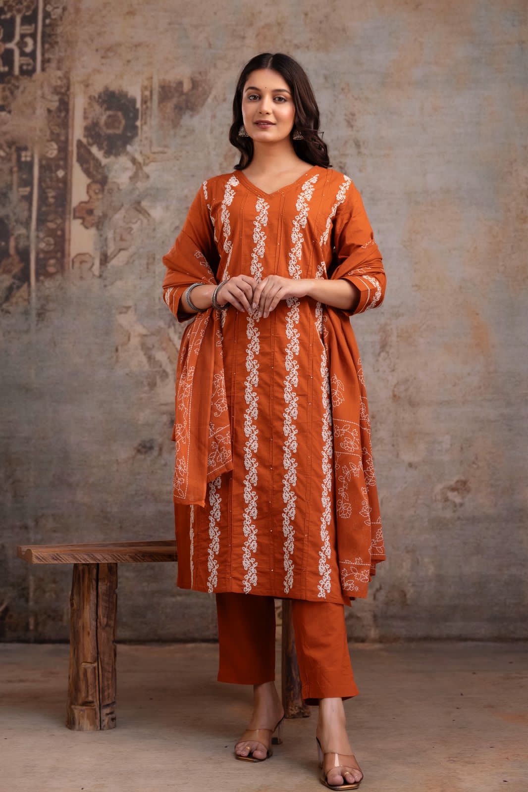 Vus’at – Rust & Brown Cotton Suit Set with Thread Work Kurta | Elegant Festive & Office Wear