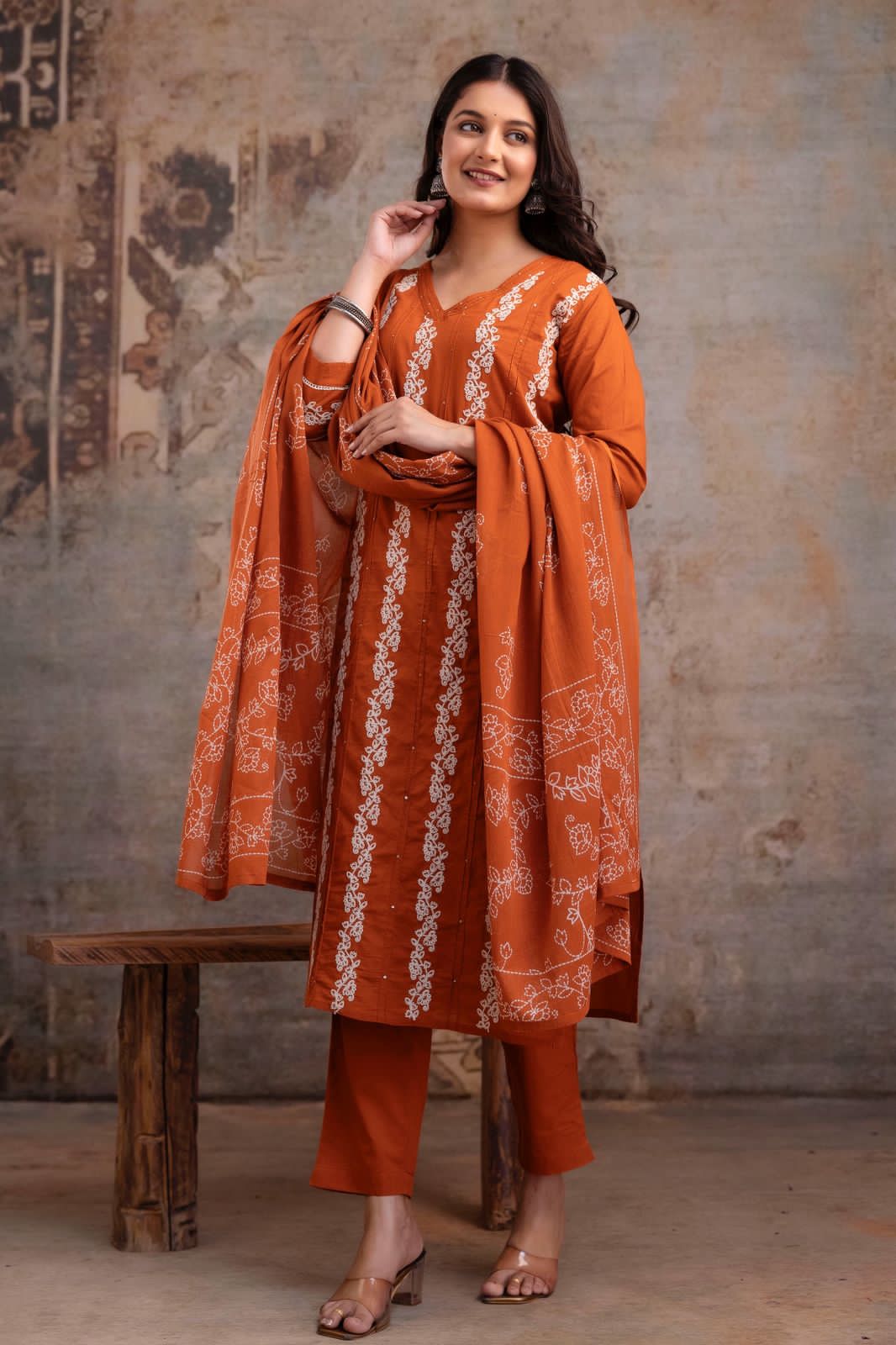 Vus’at – Rust & Brown Cotton Suit Set with Thread Work Kurta | Elegant Festive & Office Wear