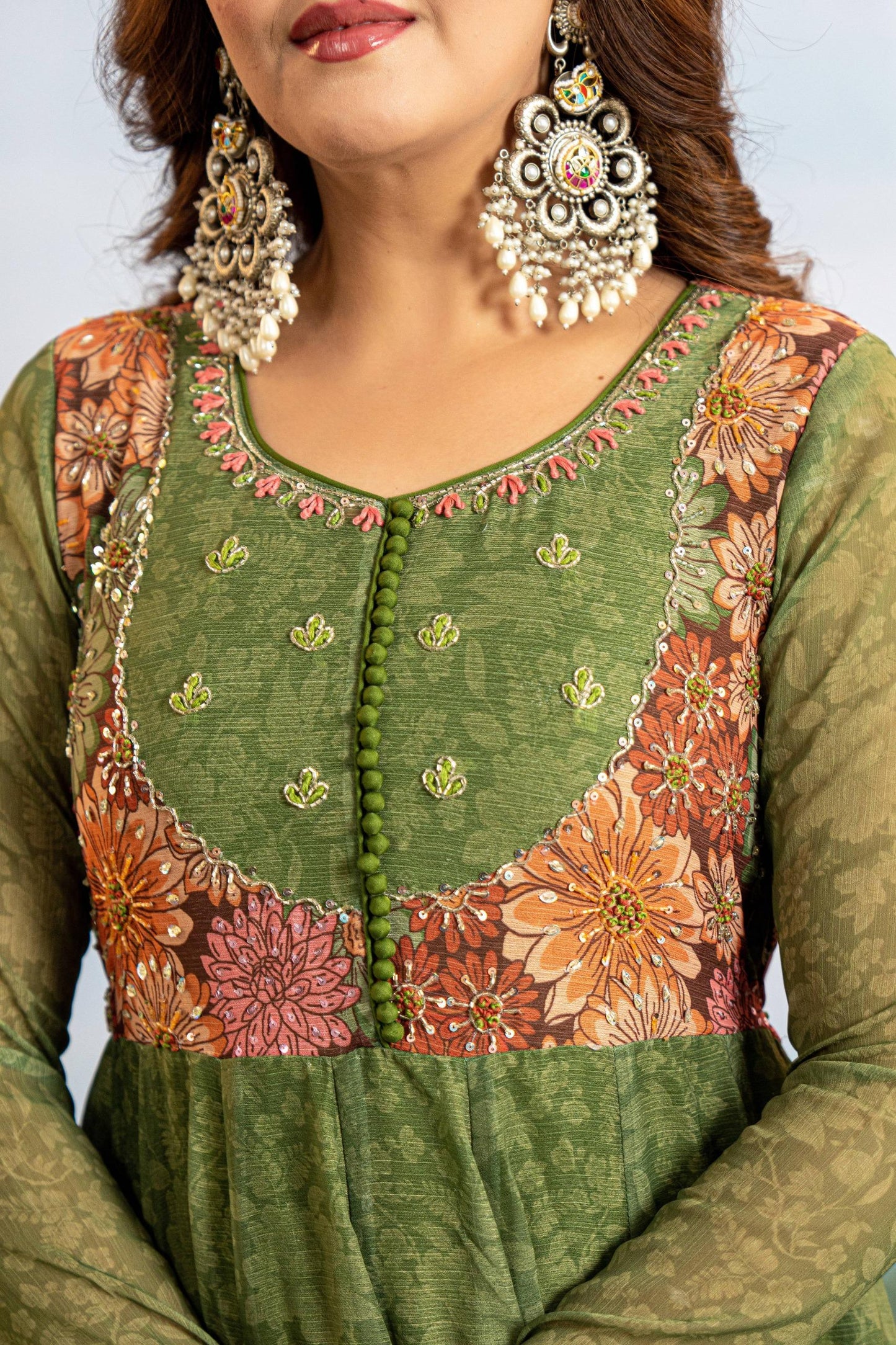 Resham – Green Floral Organza Anarkali with Embroidered Dupatta | Designer Wedding Guest Outfit