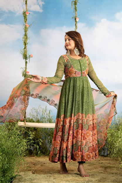 Resham – Green Floral Organza Anarkali with Embroidered Dupatta | Designer Wedding Guest Outfit