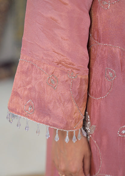 Izhar – Pink Tissue Shimmer Coord Set with Pearl-Embellished Hemline & Embroidered Collar Kurta