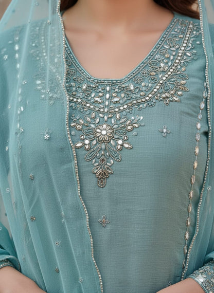Aashna – Mint Shimmer Suit Set with Hand Embroidery & Organza Dupatta | Designer Partywear Suit for Women