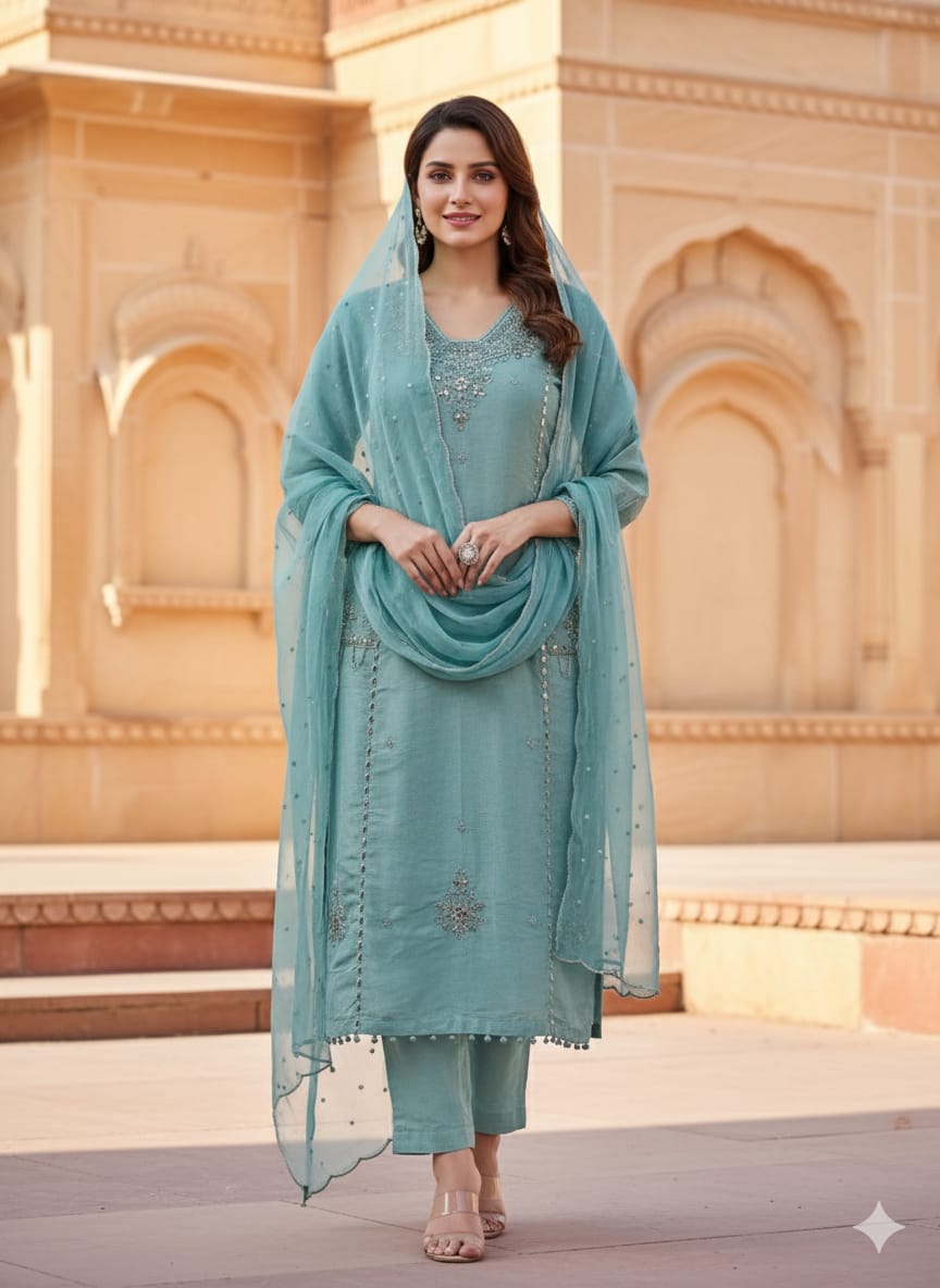 Aashna – Mint Shimmer Suit Set with Hand Embroidery & Organza Dupatta | Designer Partywear Suit for Women