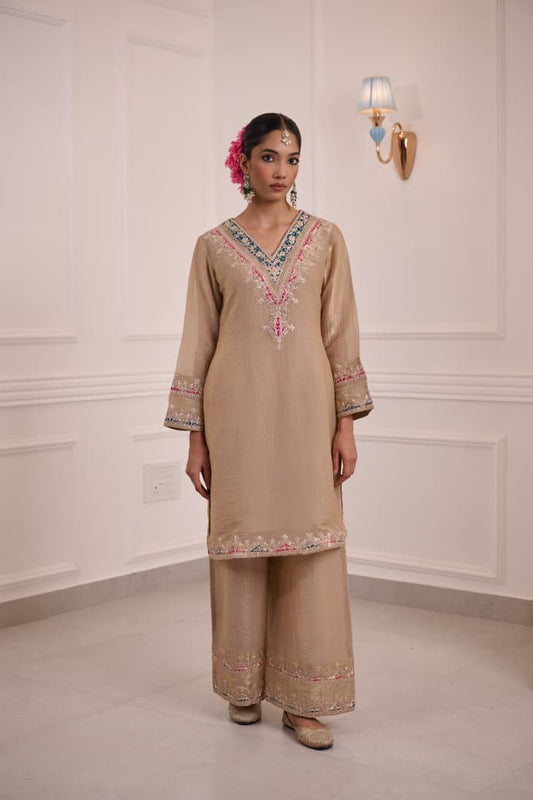 Dastaan – Chikoo Tissue Shimmer Palazzo Suit Set with Embroidered Dupatta