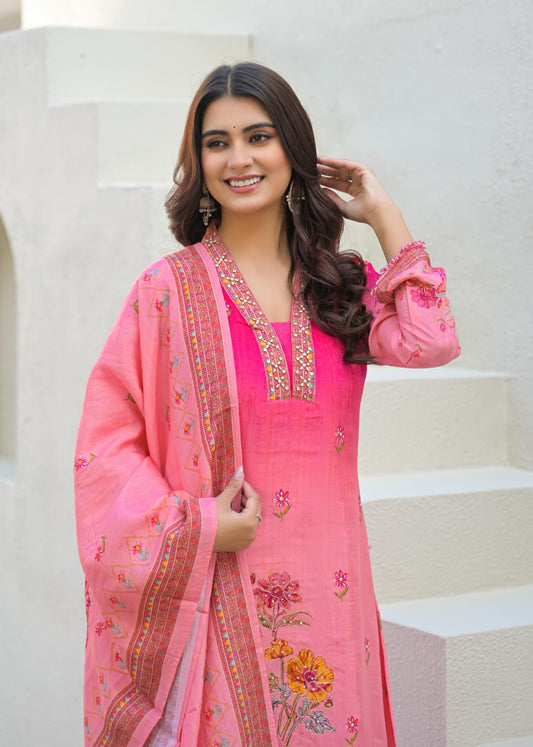 Khush-adaa – Pink Silk Apple-Cut Suit Set with Embroidered Dupatta | Boutique Designer Outfit & Festive Pinterest-Worthy Suit for Women