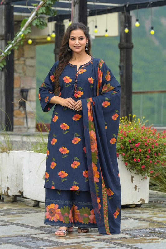 Roshni – Blue Floral Cotton Kurta Palazzo Dupatta Set | Printed Cotton Suit Set for Women