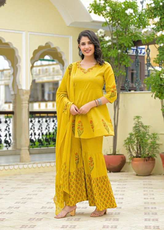 Gul – Yellow Cotton Short Kurta Sharara Set with Dupatta | Stylish Festive Cotton Suit for Women