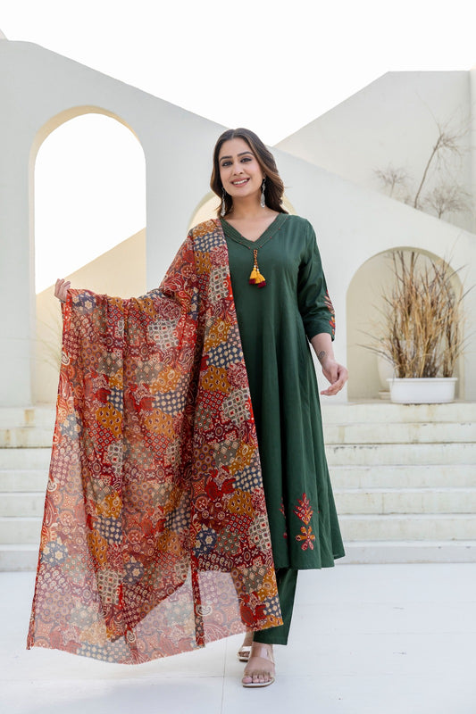 Rehaai – Green Pure Cotton Anarkali Suit with Multicolour Dupatta | Comfortable Everyday Ethnic Wear for Women