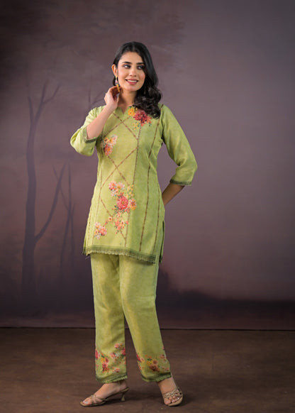 Imaan – Green Linen Co-ord Set for Women | Stylish Ethnic Co-ord Set with Palazzo