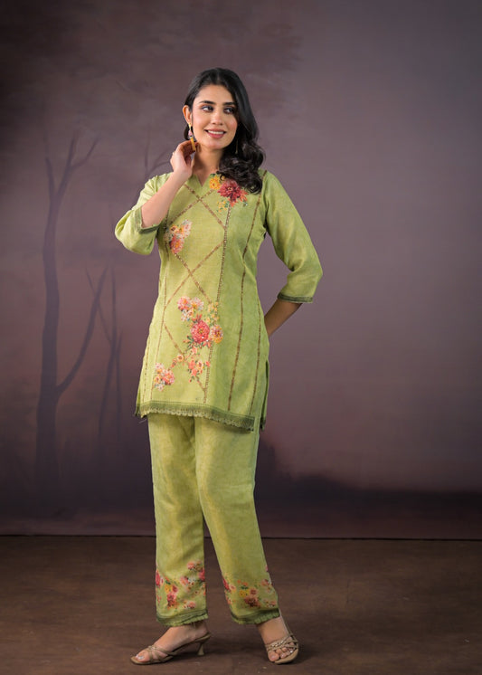 Imaan – Green Linen Co-ord Set for Women | Stylish Ethnic Co-ord Set with Palazzo