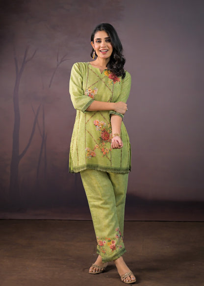 Imaan – Green Linen Co-ord Set for Women | Stylish Ethnic Co-ord Set with Palazzo