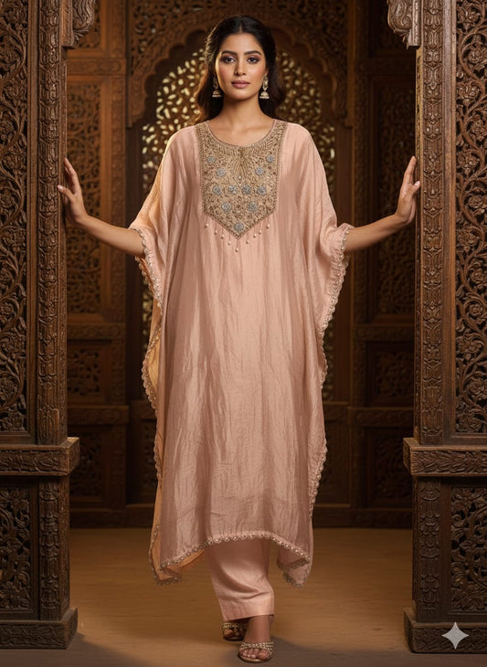 Ahl-e-Nazar – Coffee Shimmer Kaftan Outfit with Embroidered Neckline | Designer Partywear Kaftan Dress for Women