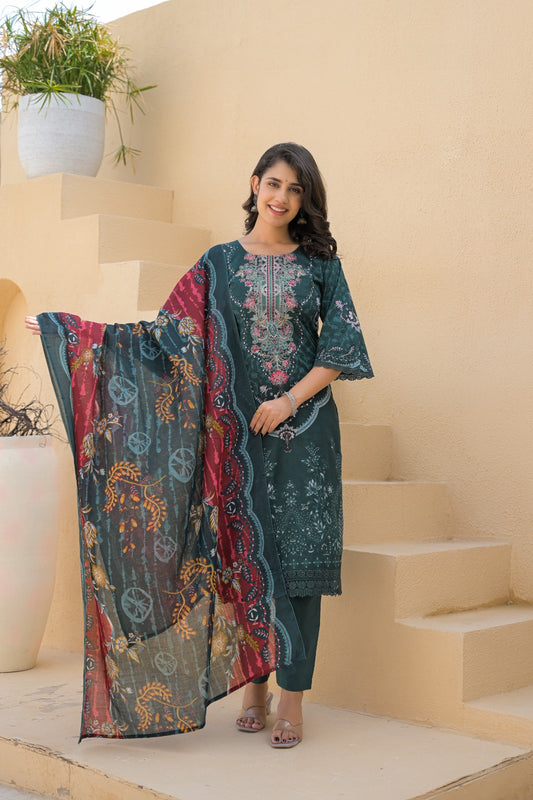 Tabassum – Teal Green Printed Cotton Kurta Palazzo Set with Bell Sleeves & Embroidered Neckline | Stylish Ethnic Wear for Women