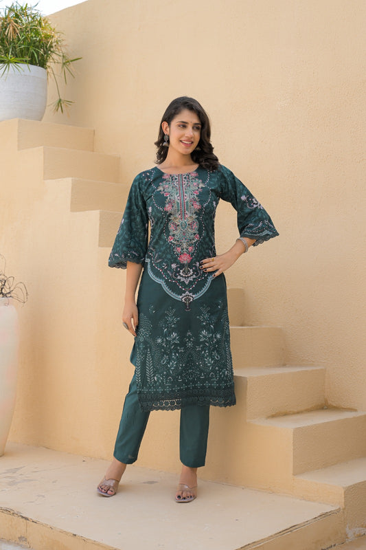 Tabassum – Teal Green Printed Cotton Kurta Palazzo Set with Bell Sleeves & Embroidered Neckline | Stylish Ethnic Wear for Women
