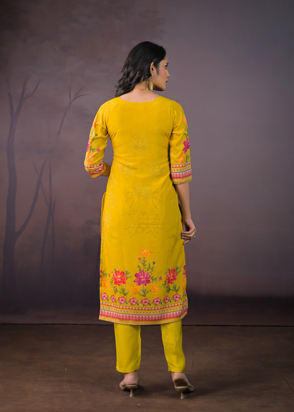 Tamanna – Yellow Chinnon Suit Set with Embroidered Neckline & Floral Dupatta | Lightweight Festive Suit for Women