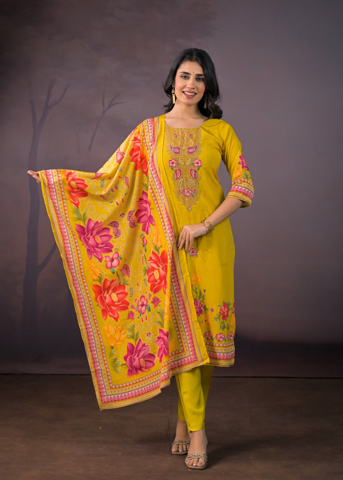 Tamanna – Yellow Chinnon Suit Set with Embroidered Neckline & Floral Dupatta | Lightweight Festive Suit for Women
