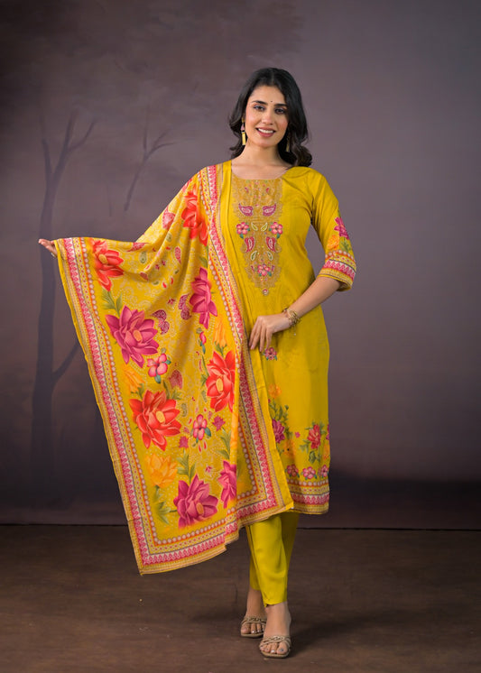 Tamanna – Yellow Chinnon Suit Set with Embroidered Neckline & Floral Dupatta | Lightweight Festive Suit for Women